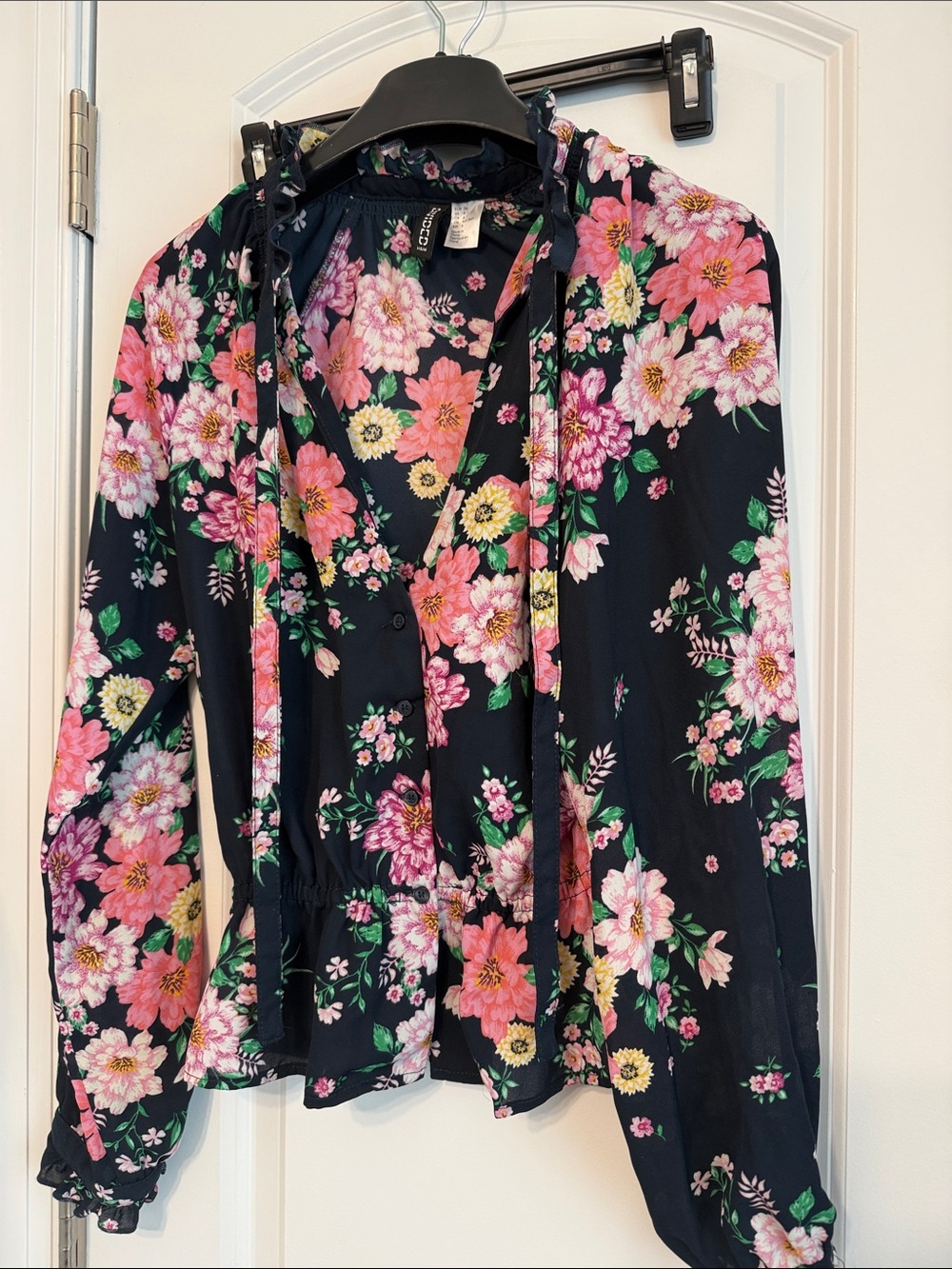 H&M Navy Floral Ruffle-Neck Blouse with Pink & Yellow Blooms